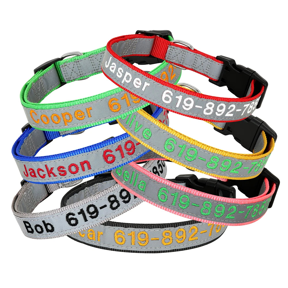 Adjustable Nylon Embroidered Dog Collar Custom ID Name Accessories Pet Collars for Small Medium Large Dogs Pets Supplies Perro