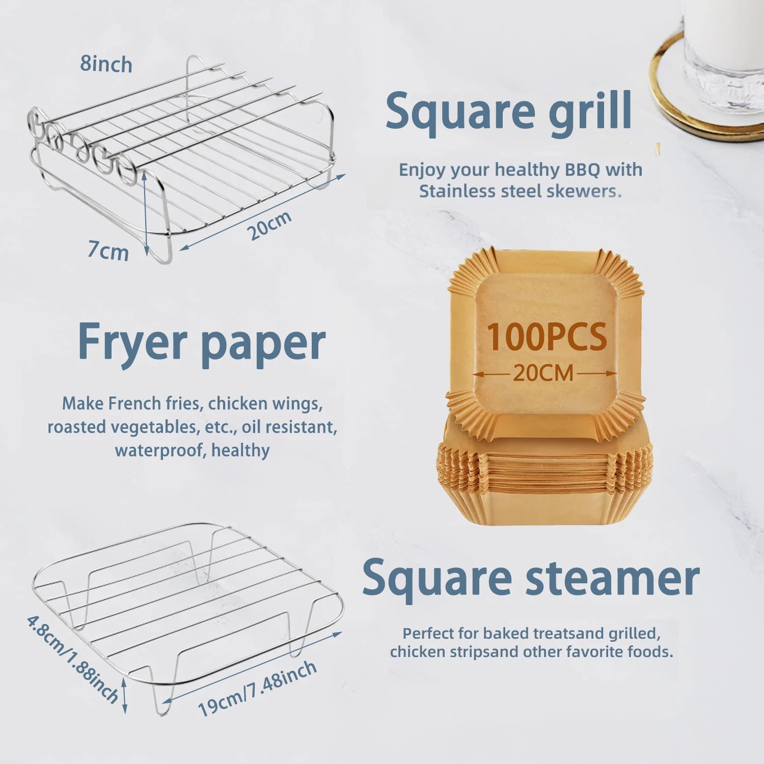 Square Air Grill Rack Basket for Cosori 5.5L 6.4L/ Proscenic 5.5L/Tefal 6.5L/Tristar 6L Phi/ Ninja Foodi Grill