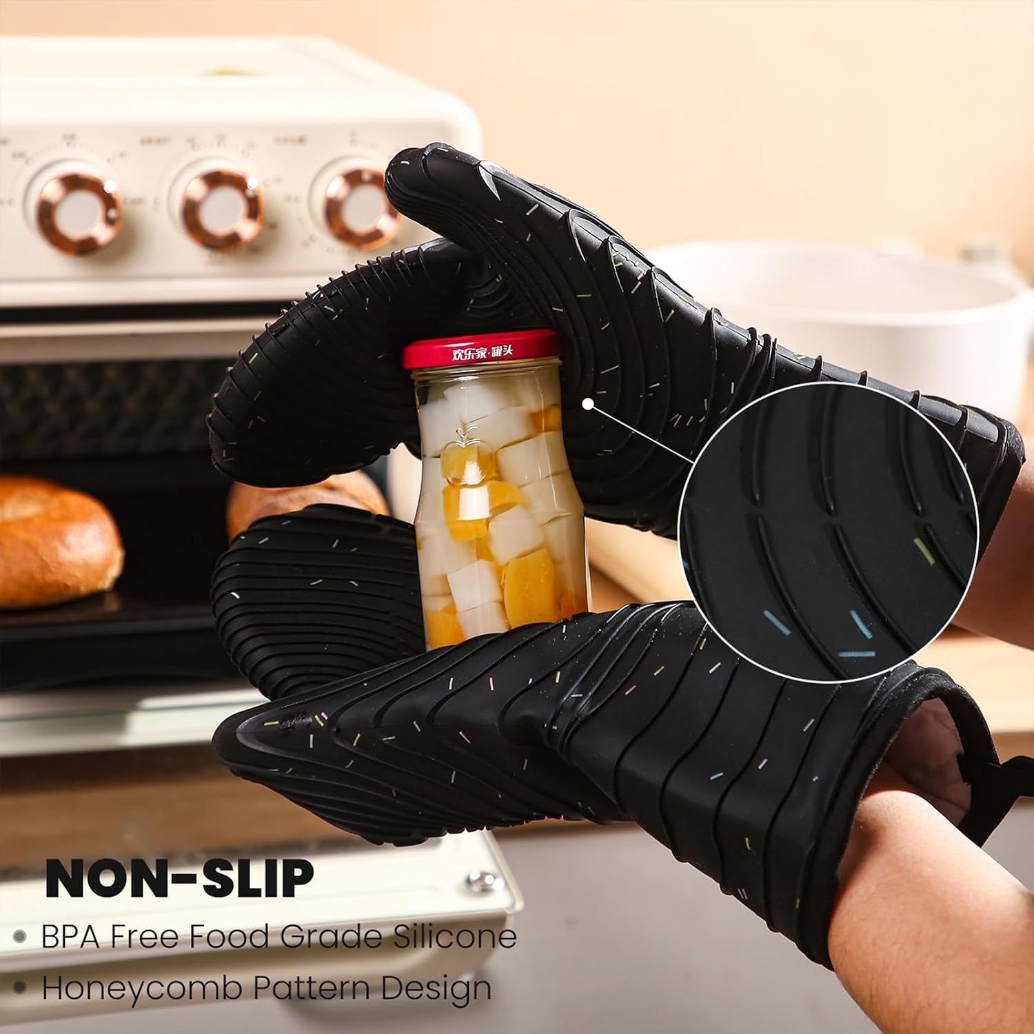 4 Pieces Oven and Pot Holders Mitts of Macaron Color Thickened Non-Slip Silicone Kitchen Gloves, Heat Resistant up to 500F, Essential for Kitchen Baking(Makal-Hei)
