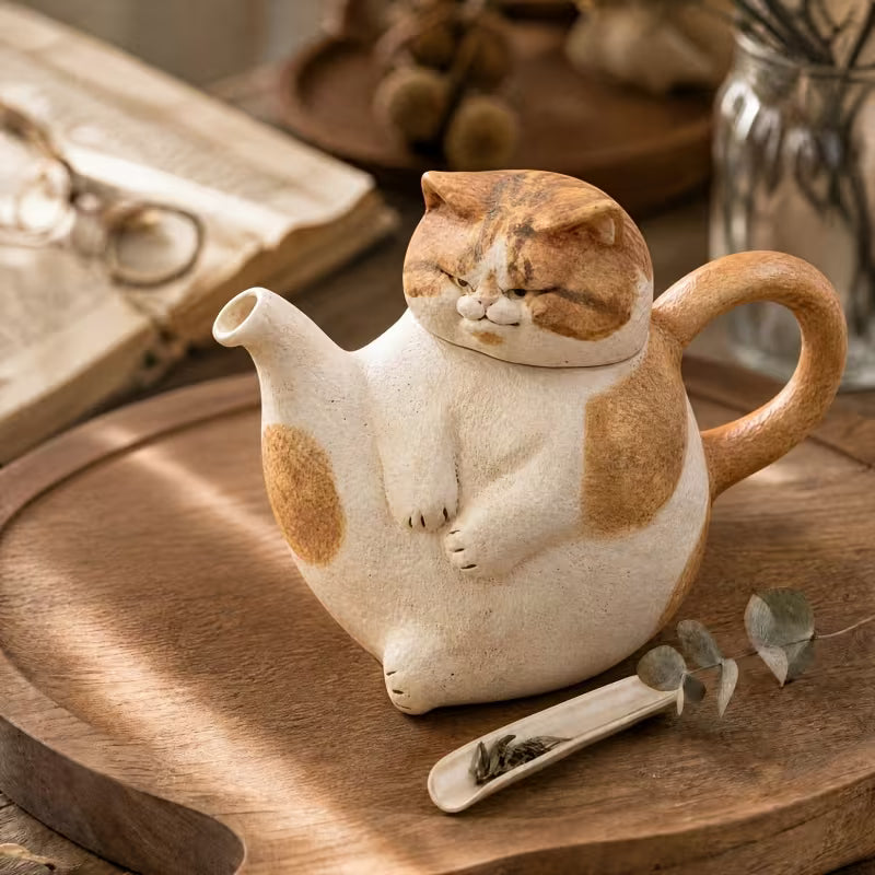 Coarse Pottery Cat Teapot and Cup Set