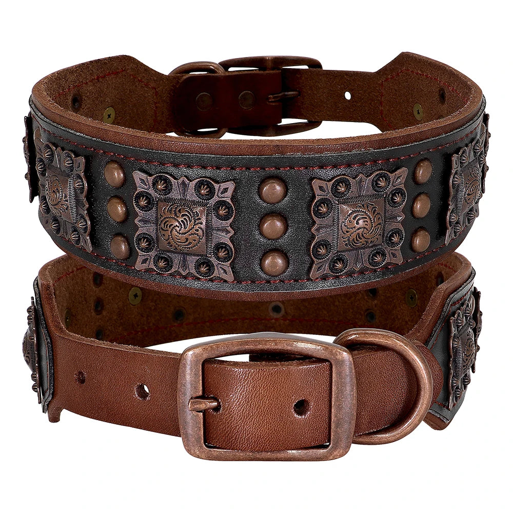 Cool Spiked Dog Collar for Medium Large Dogs Genuine Leather Pitbull Bulldog Adjustable Pet Accessories Collars Necklace