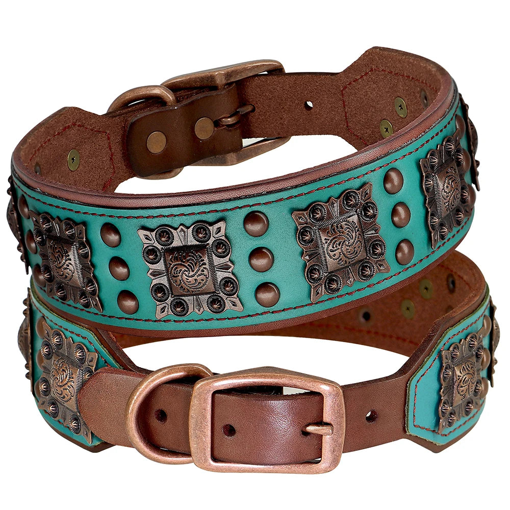 Cool Spiked Dog Collar for Medium Large Dogs Genuine Leather Pitbull Bulldog Adjustable Pet Accessories Collars Necklace