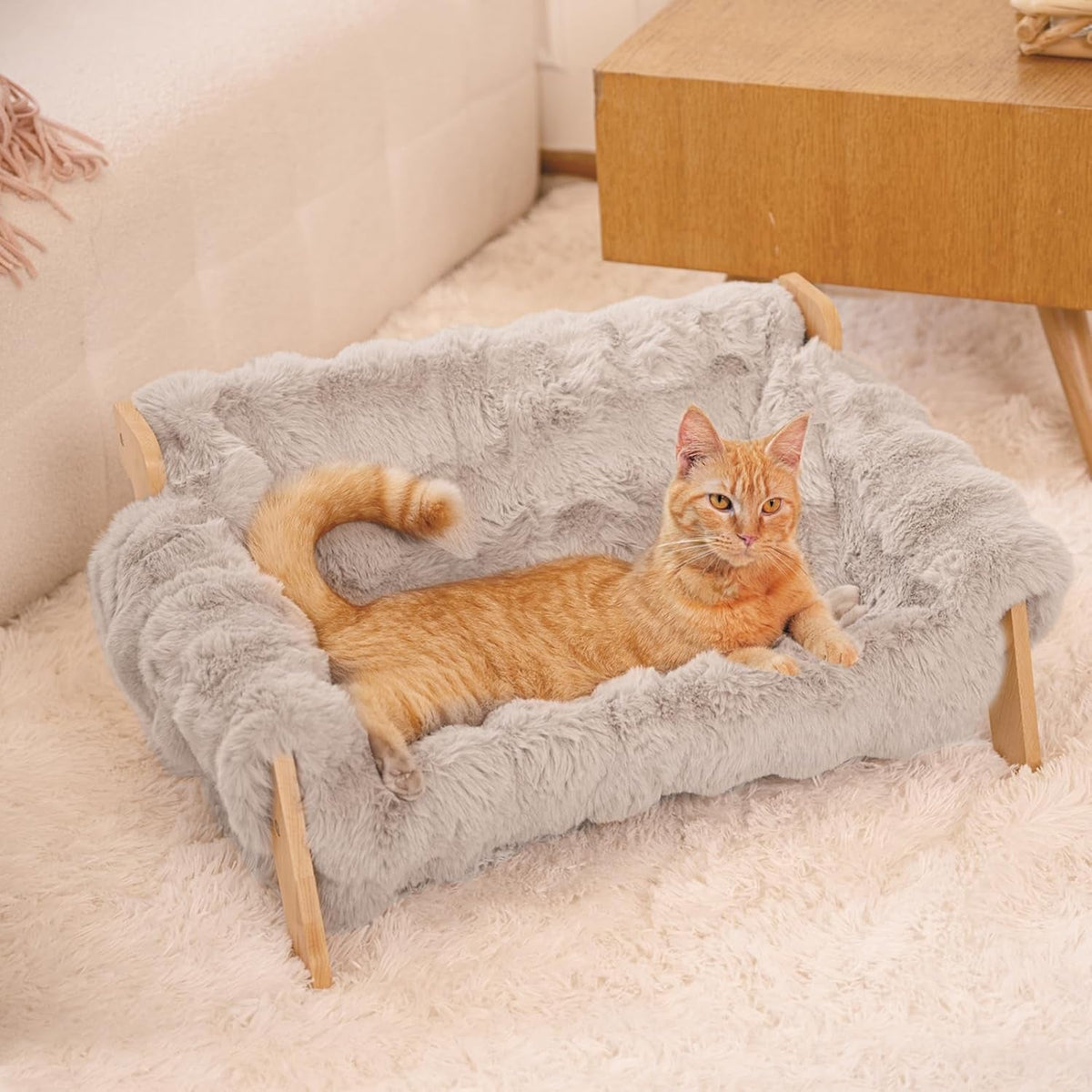 Elevated Wooden Cat Couch Bed with Washable Fluffy Cushion – 3 Colors