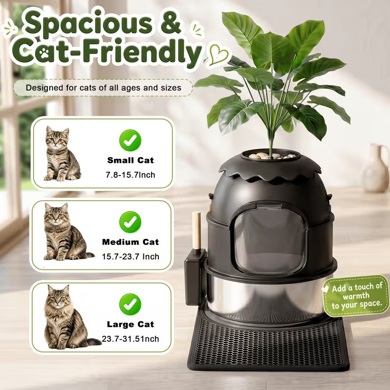 Large Decorative Hidden Stainless Steel Cat Litter Box with Artificial Plants
