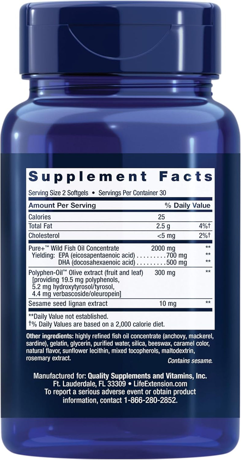 Super Omega-3 EPA/DHA Fish Oil, Sesame Lignans & Olive Extract – Heart Health, Brain Health, Inflammation Health Support, Cholesterol Health Support, Gluten-Free, Non-Gmo, 60 Softgels