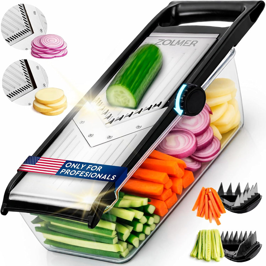 Professional Mandoline Slicer for Kitchen - Adjustable Vegetable Slicer with Two Extra-Sharp Julienne Blades - Veggie Slicer with Finger Guard and Collection Tray - Potato Slicer, Cucumber Slicer
