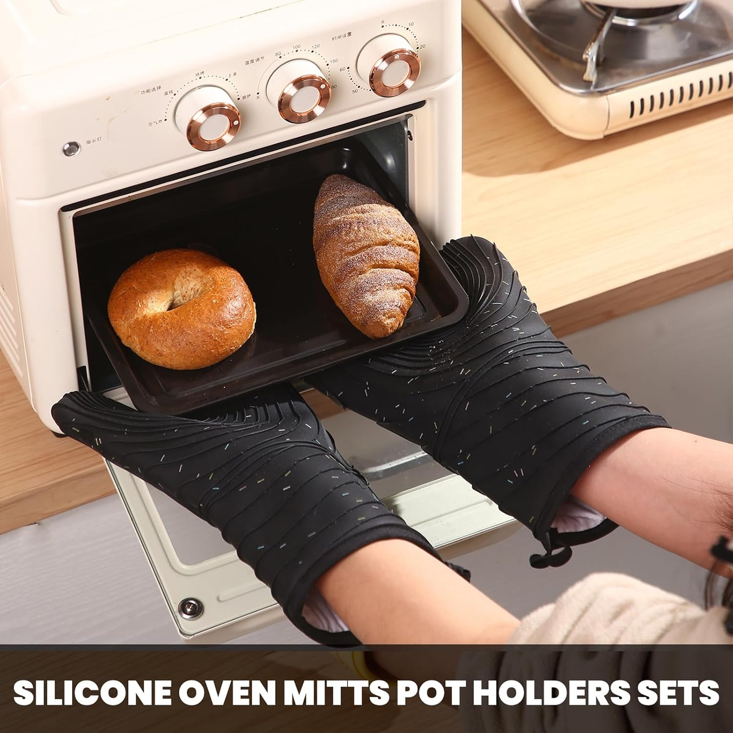 4 Pieces Oven and Pot Holders Mitts of Macaron Color Thickened Non-Slip Silicone Kitchen Gloves, Heat Resistant up to 500F, Essential for Kitchen Baking(Makal-Hei)