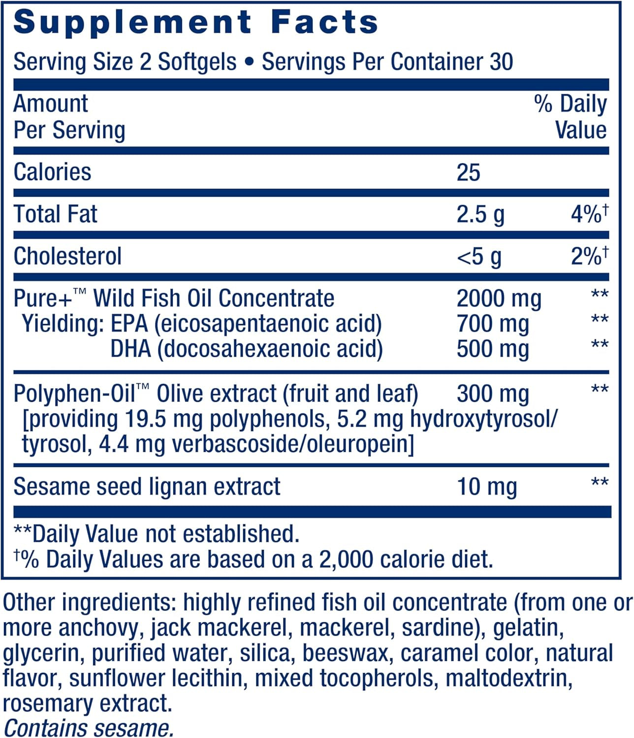 Super Omega-3 EPA/DHA Fish Oil, Sesame Lignans & Olive Extract – Heart Health, Brain Health, Inflammation Health Support, Cholesterol Health Support, Gluten-Free, Non-Gmo, 60 Softgels