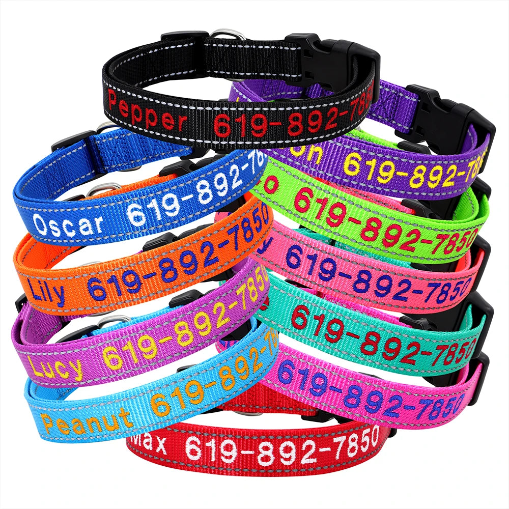 Adjustable Nylon Embroidered Dog Collar Custom ID Name Accessories Pet Collars for Small Medium Large Dogs Pets Supplies Perro