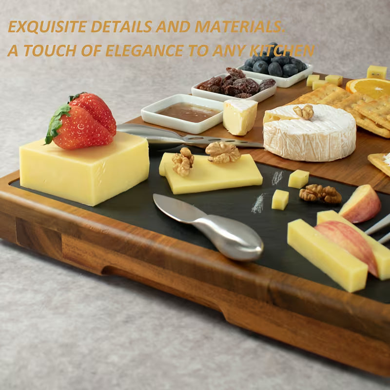 Acacia Wood Cheese Board Set with Integrated Storage Drawer