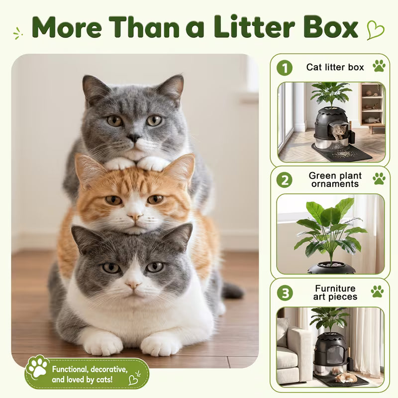 Large Decorative Hidden Stainless Steel Cat Litter Box with Artificial Plants