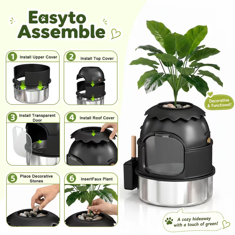 Large Decorative Hidden Stainless Steel Cat Litter Box with Artificial Plants