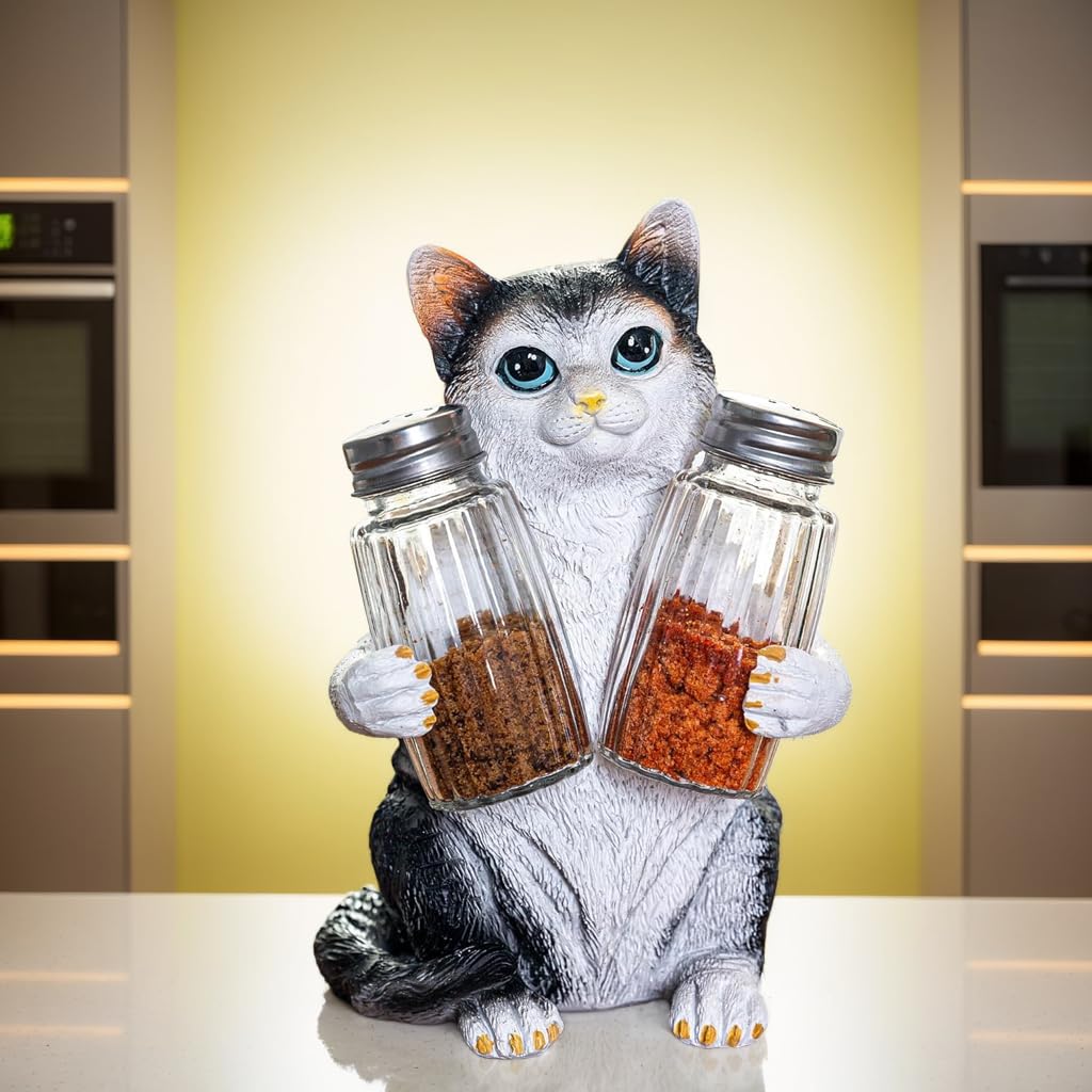 Resin Cat Figurine Salt & Pepper Shakers Set with Holder and Glass Spice Jars - Kitchen Décor Cat Decor for Cat Lovers, Cat Figure, Cat Figurines Gift for Mom & Women