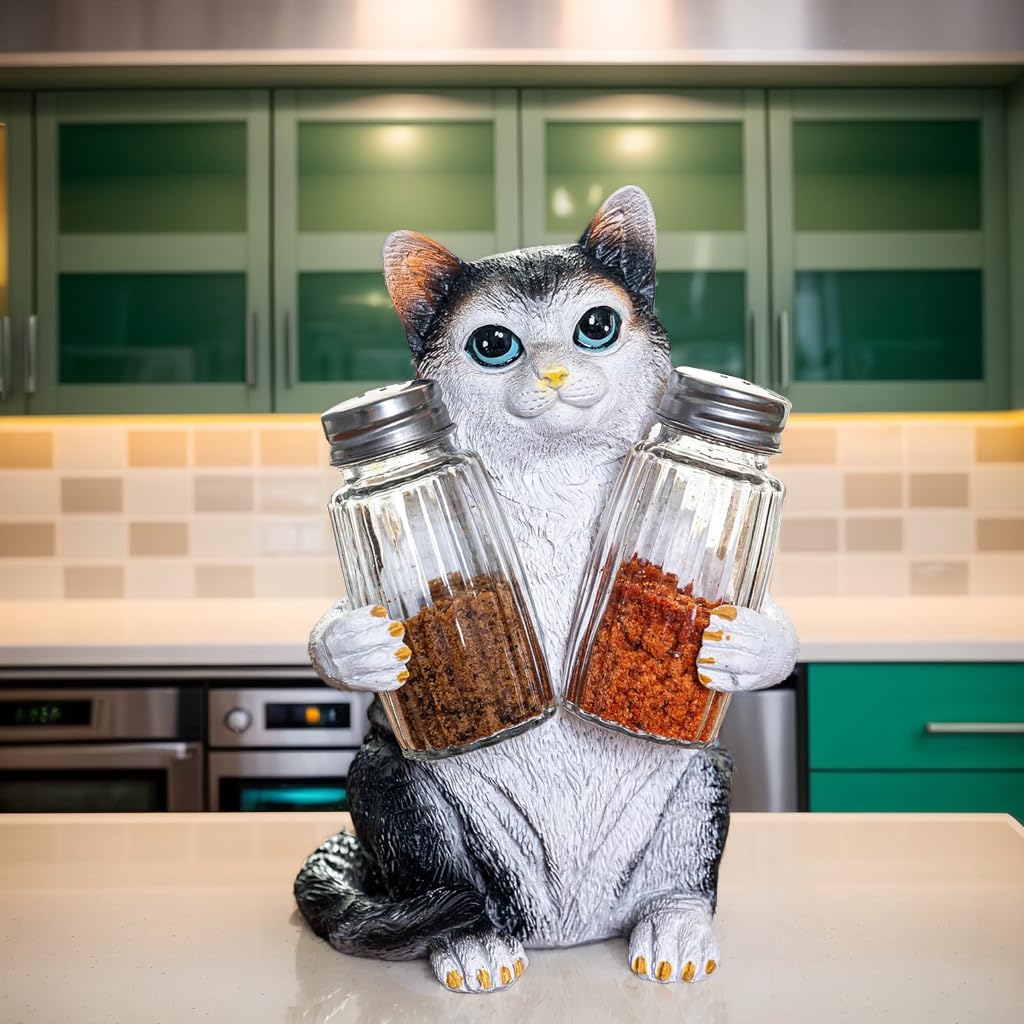 Resin Cat Figurine Salt & Pepper Shakers Set with Holder and Glass Spice Jars - Kitchen Décor Cat Decor for Cat Lovers, Cat Figure, Cat Figurines Gift for Mom & Women