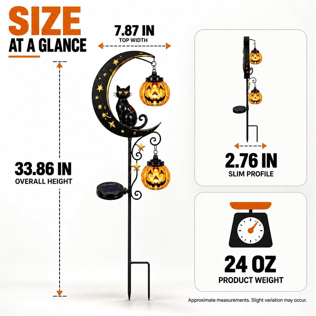 Solar Halloween Pumpkin Light, Black Cat Moon Garden Stake Light with 2 Pumpkin Lanterns, Waterproof Metal Solar Pathway Light，Outdoor Yard Decoration for Lawn Pathway Patio
