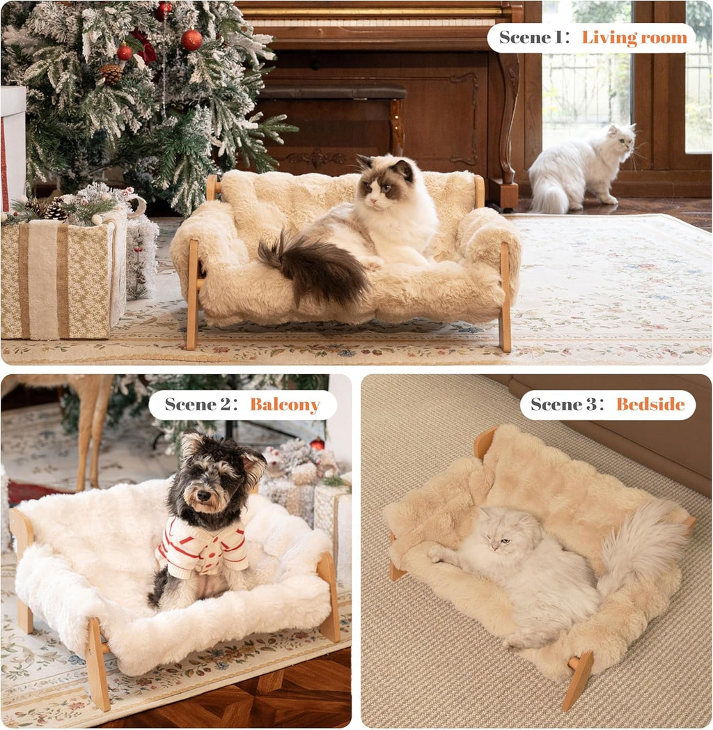 Elevated Wooden Cat Couch Bed with Washable Fluffy Cushion – 3 Colors