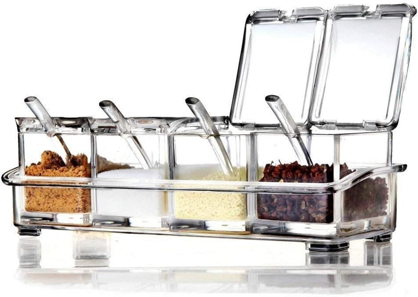 Clear Seasoning Rack Spice Pots by AIQI - 4 Piece Acrylic Seasoning Box - Storage Container Condiment Jars - Cruet with Cover and Spoon