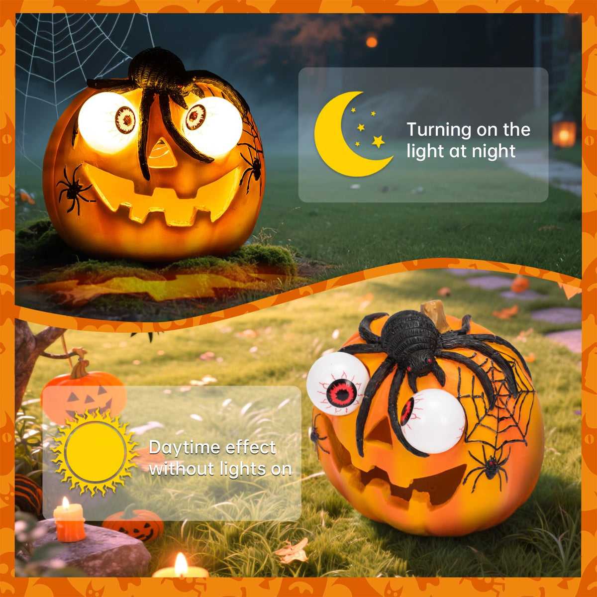 Halloween Pumpkin Solar LED Light 6'' Outdoor Solar Powered Garde Decorative Light IP44 Waterproof for Outdoor Home Decor & Halloween Party Decorations-Spider