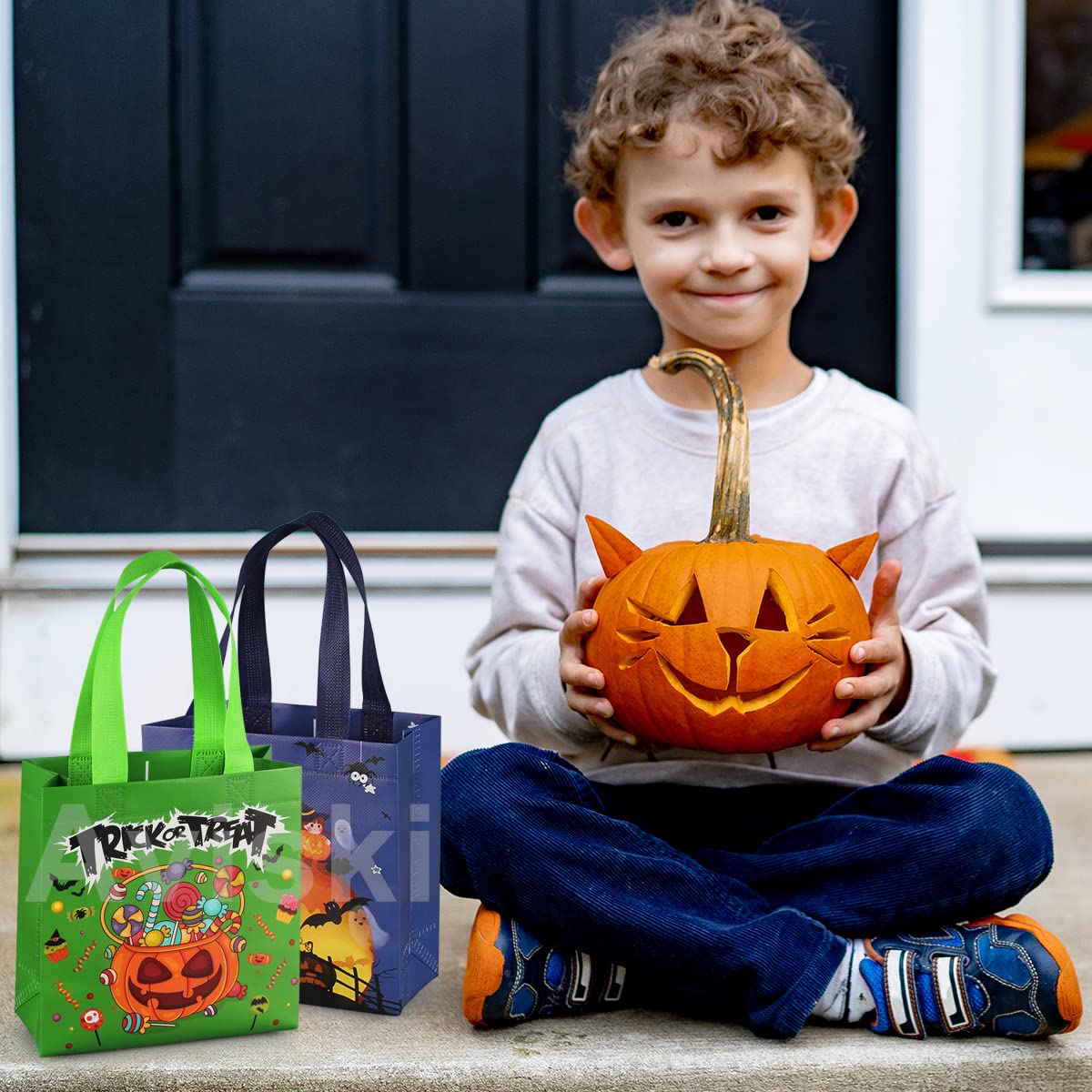 Aviski 8PCS Trick or Treat Bags - Small Multifunctional Non-Woven Halloween Tote Bags with Handles for Gifts Wrapping & Party Supplies