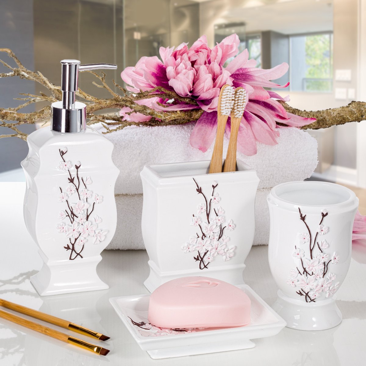 Vanda Cherry Blossom 4 Piece Resin Bathroom Accessories Set