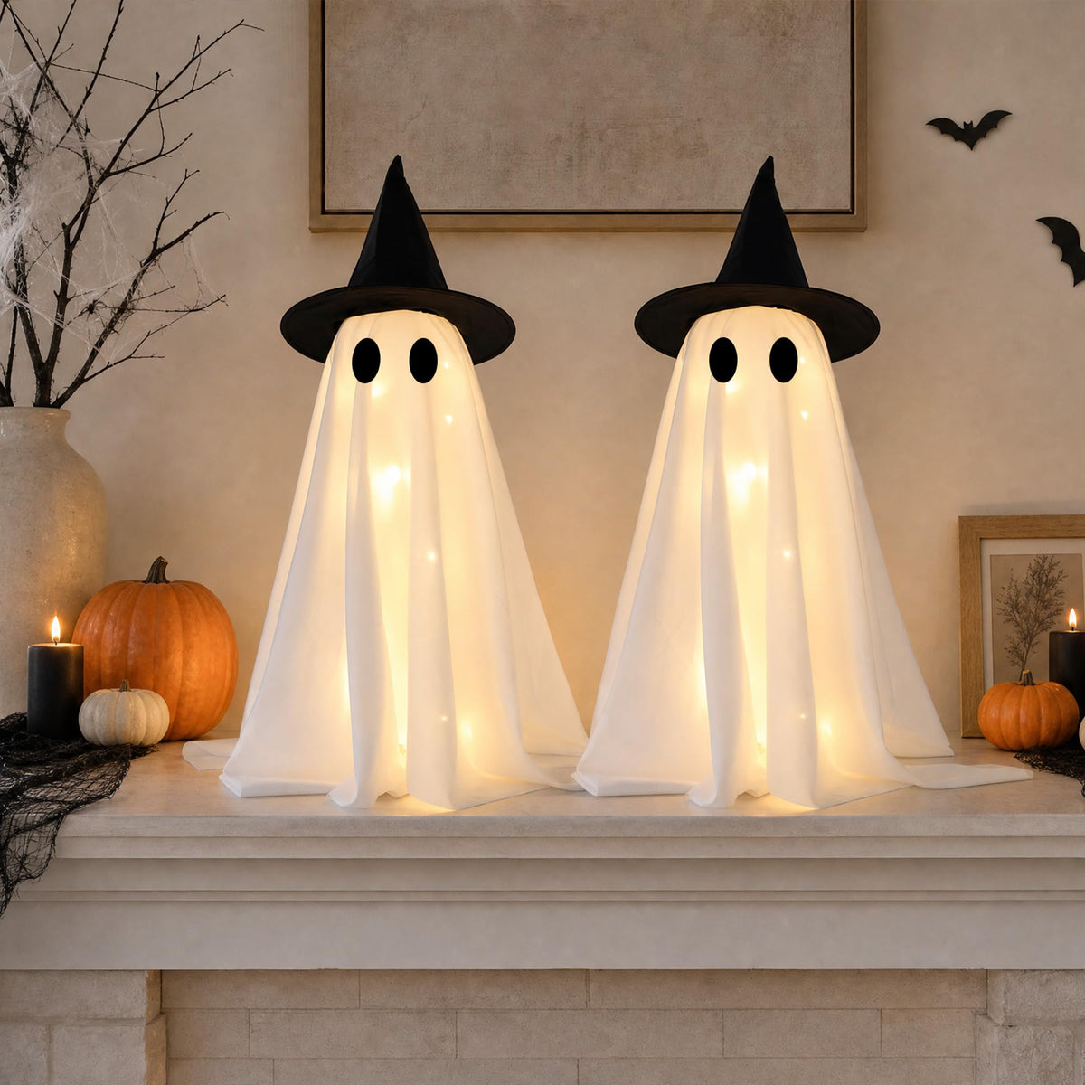 Halloween Decorations-Set of 2 Light-Up Ghosts with Witch Hats