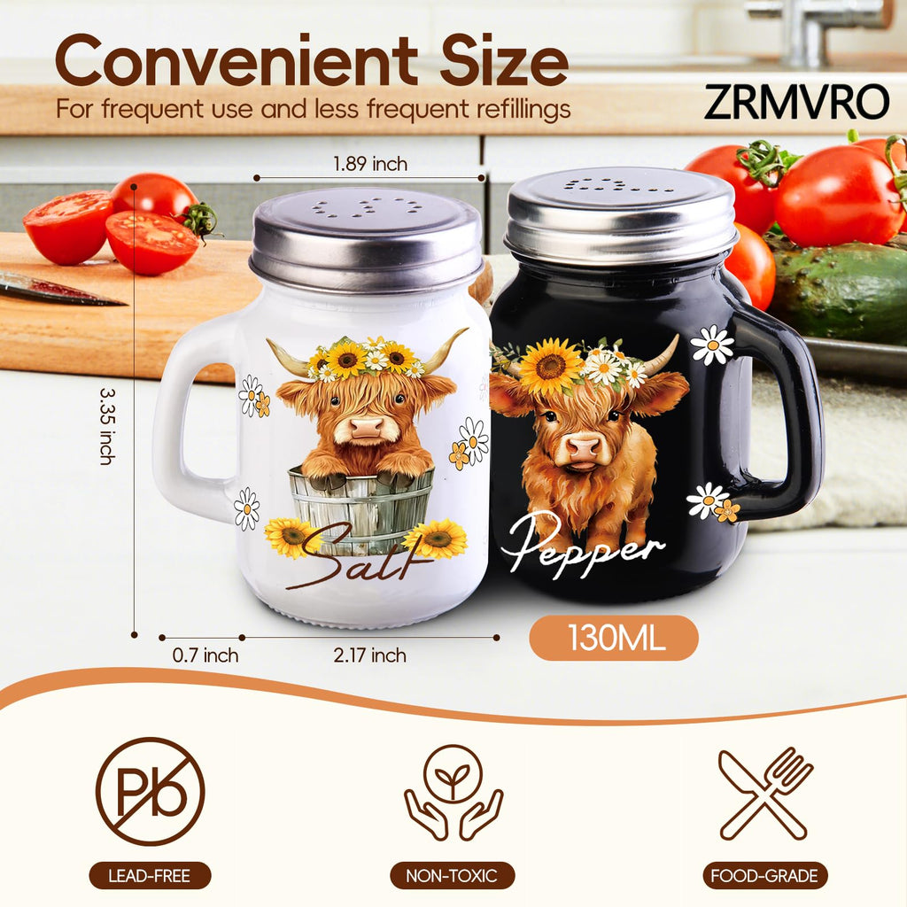 ZRMVRO 2 Salt And Pepper Shakers，Highland Cow Cute Fun Salt And Pepper Shakers Set，Cute Salt Shakers For Kitchen Decor，Black And White Salt And Pepper Shakers With Stainless Steel Lids
