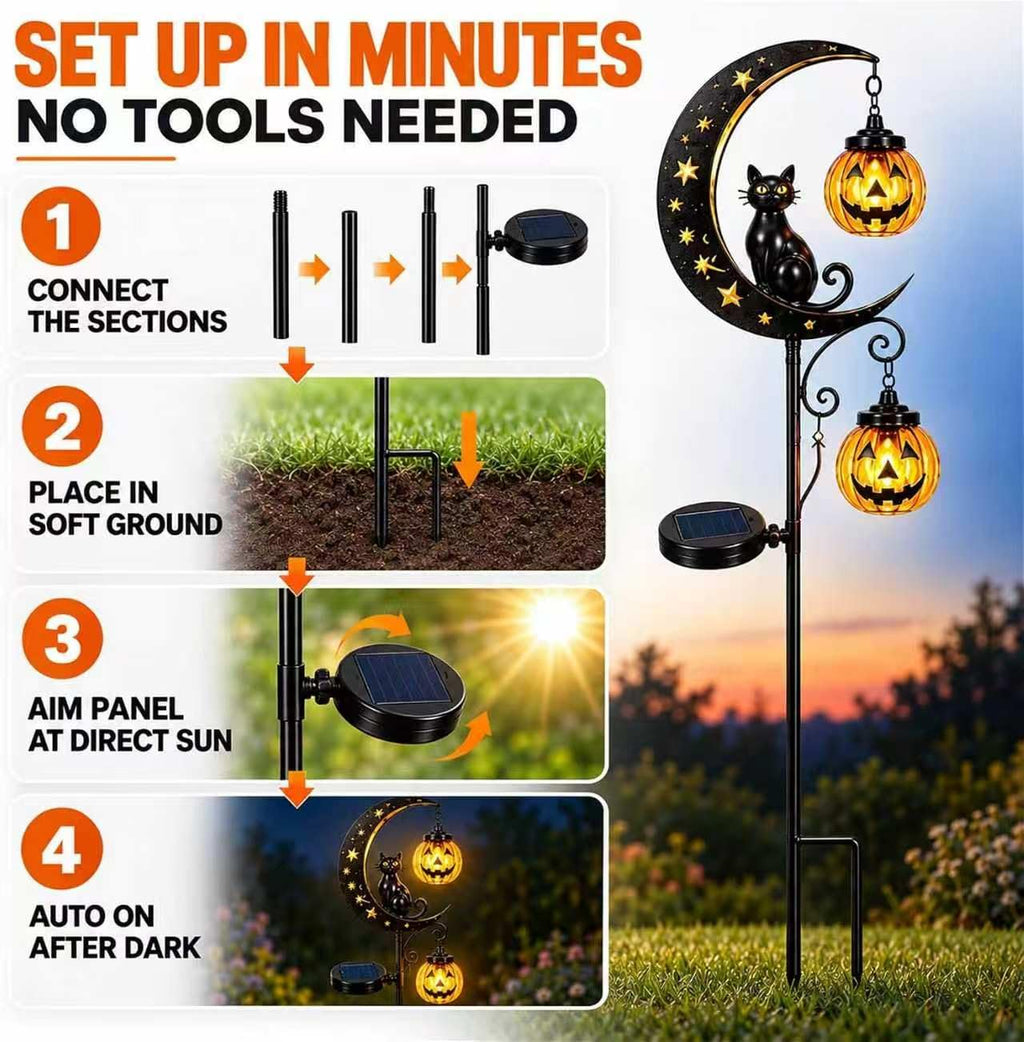 Solar Halloween Pumpkin Light, Black Cat Moon Garden Stake Light with 2 Pumpkin Lanterns, Waterproof Metal Solar Pathway Light，Outdoor Yard Decoration for Lawn Pathway Patio