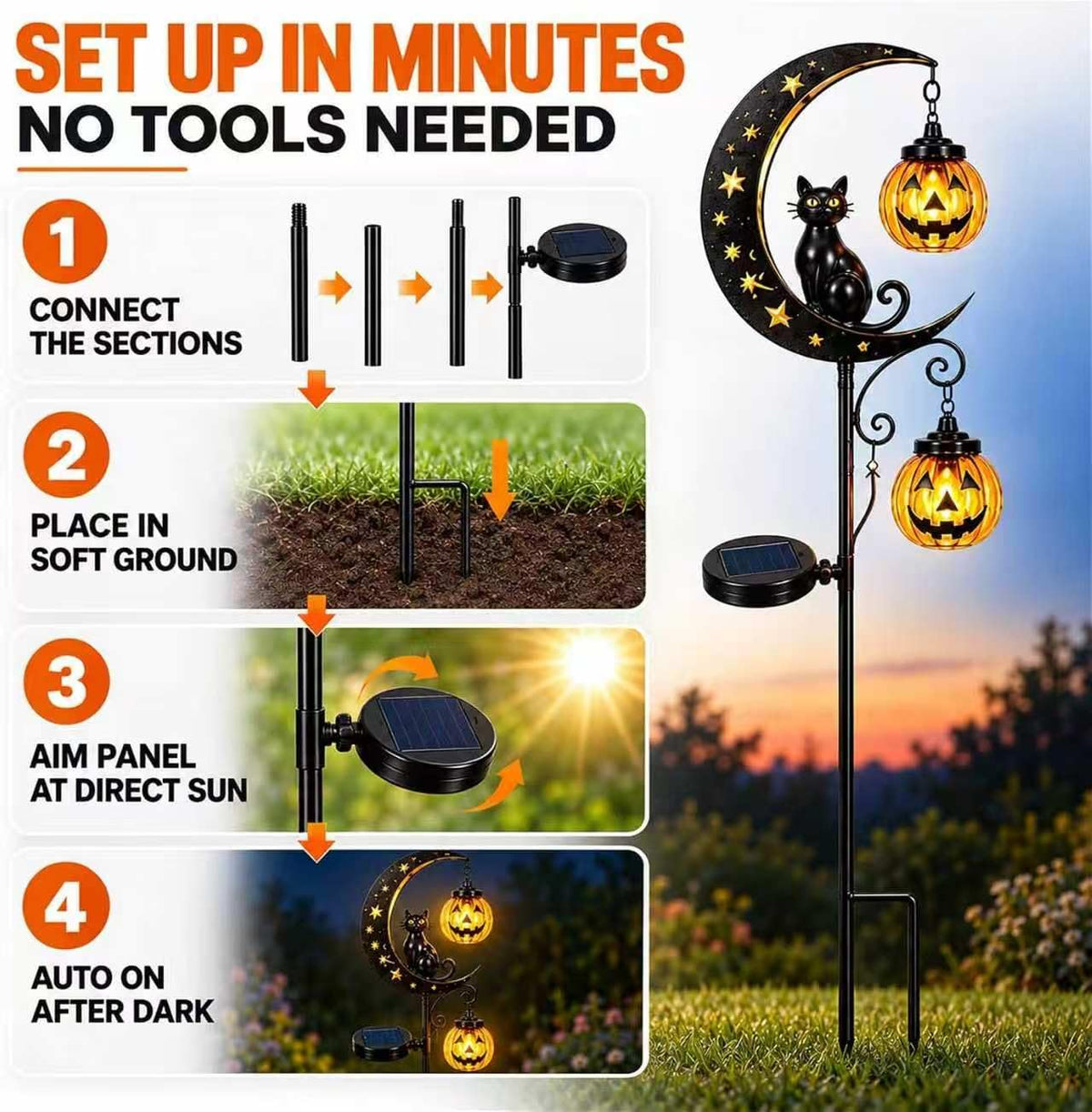 Solar Halloween Pumpkin Light, Black Cat Moon Garden Stake Light with 2 Pumpkin Lanterns, Waterproof Metal Solar Pathway Light，Outdoor Yard Decoration for Lawn Pathway Patio