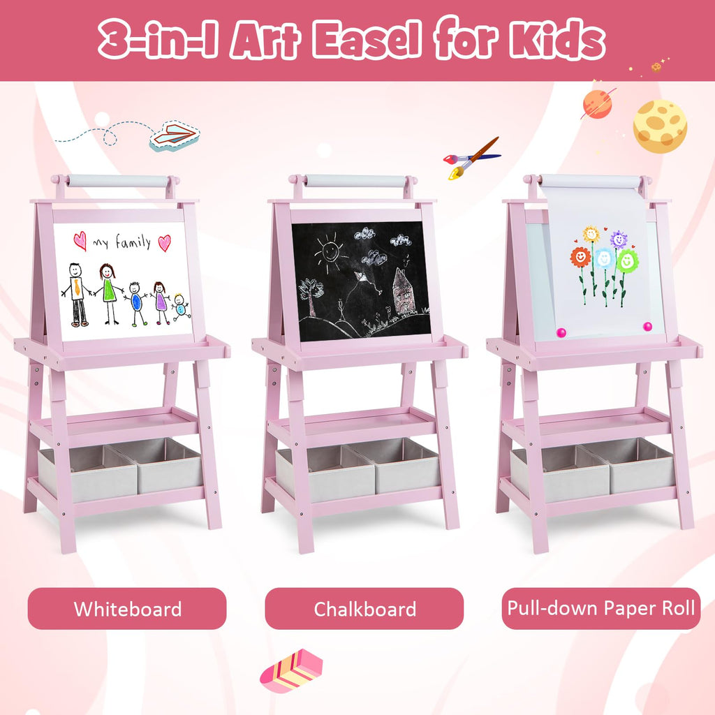 Costzon Kids Art Easel, 3 in 1 Double-Sided Painting Easel w/Magnetic Whiteboard, Chalkboard & Paper Roll, 2-Tier Storage Rack & 2 Boxes, Standing Easel for Kids, Toddlers, Gift for Boys, Girls