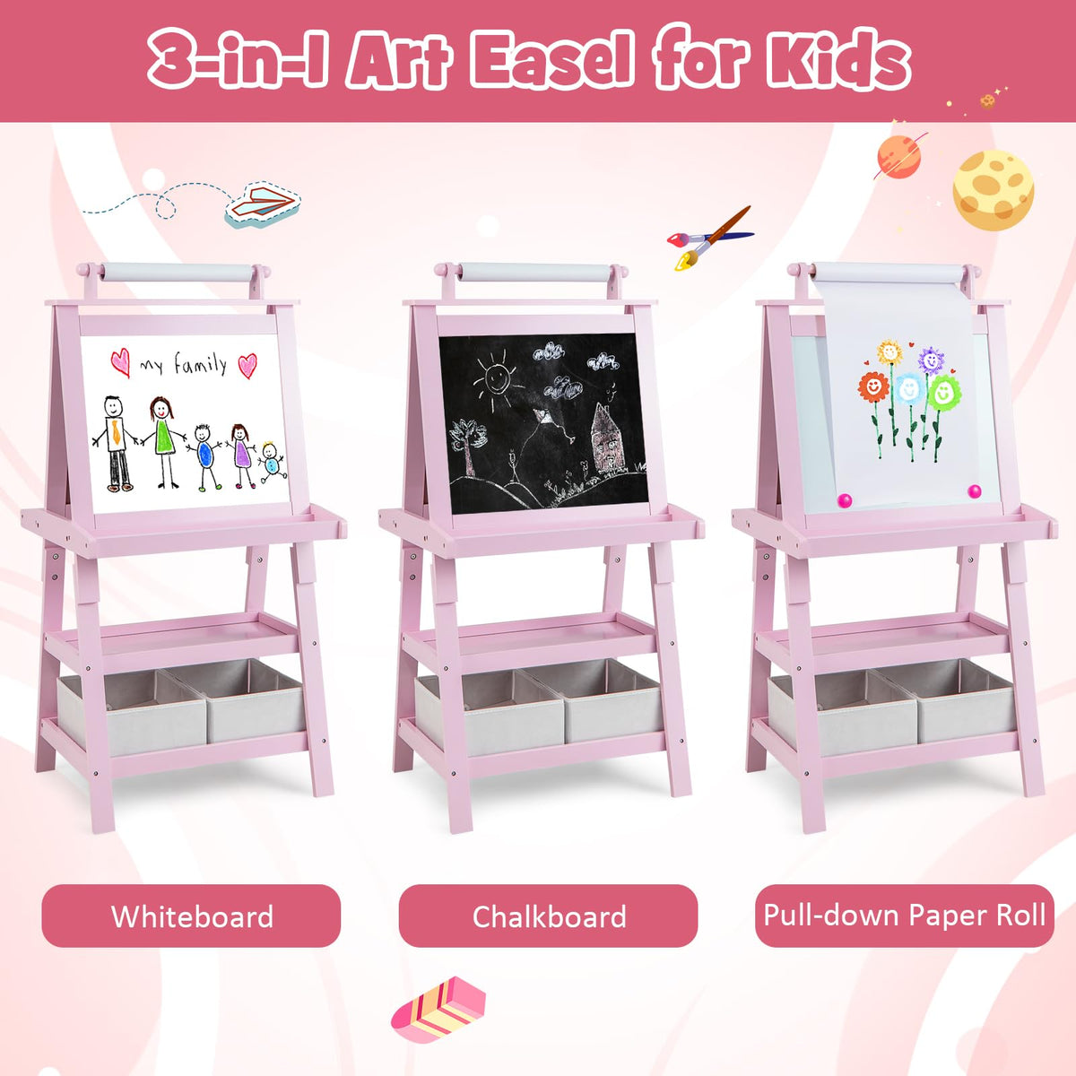 Costzon Kids Art Easel, 3 in 1 Double-Sided Painting Easel w/Magnetic Whiteboard, Chalkboard & Paper Roll, 2-Tier Storage Rack & 2 Boxes, Standing Easel for Kids, Toddlers, Gift for Boys, Girls