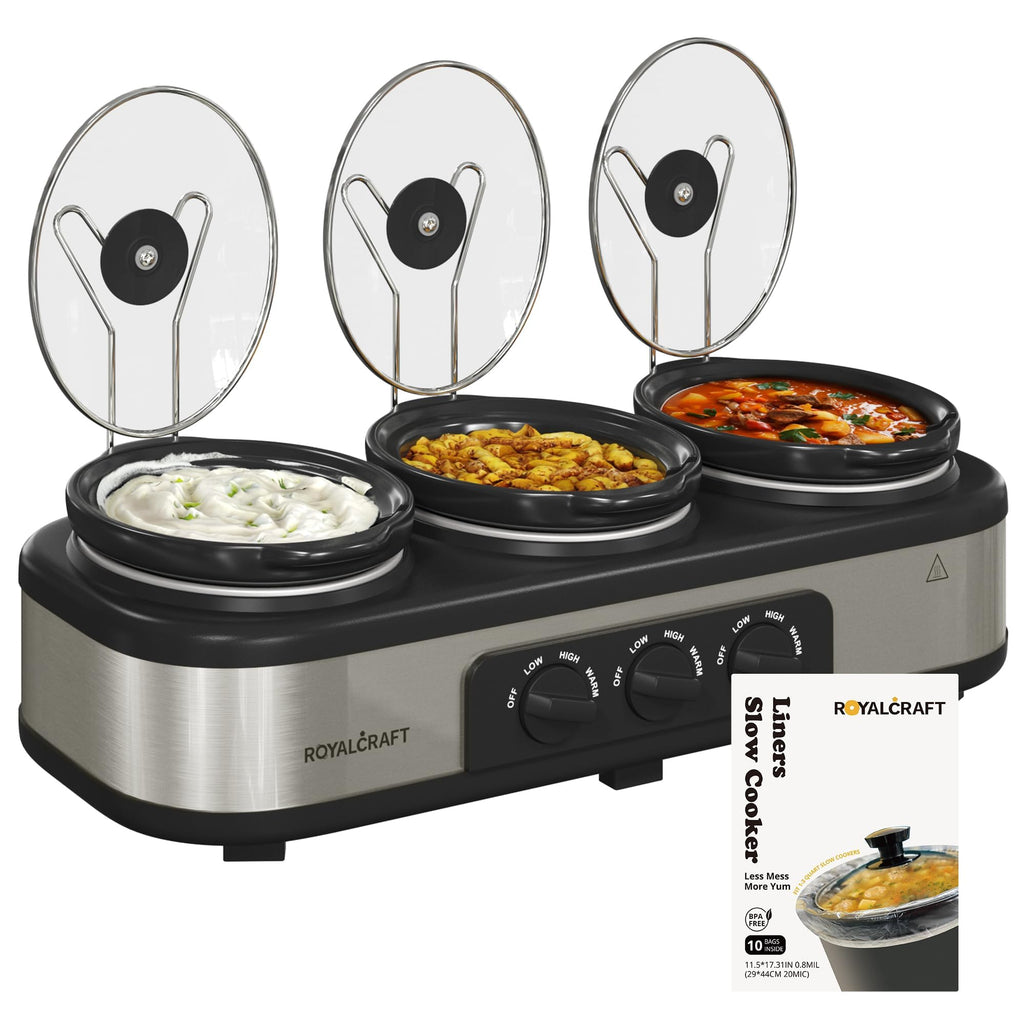 Royalcraft Slow Cooker with 10 Cooking Liners, 3 in 1 Buffet Servers Dips Pot, Food Warmers for Parties with 3 Spoons, Lid Rests, Removable Oval Ceramic Pots, Total 4.5QT Silver