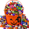 Halloween Candy Filled Pumpkin Bucket, Party Favor Gift, Jack O Lantern with Bulk Candy and Chocolate Assortment, Individually Wrapped Trick or Treat Kids Candy, Monster Gummies and More