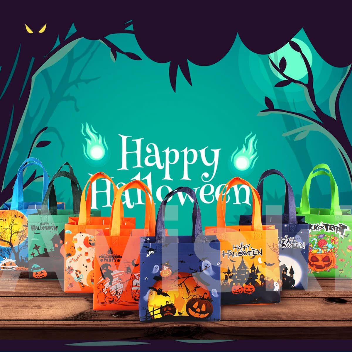 Aviski 8PCS Trick or Treat Bags - Small Multifunctional Non-Woven Halloween Tote Bags with Handles for Gifts Wrapping & Party Supplies