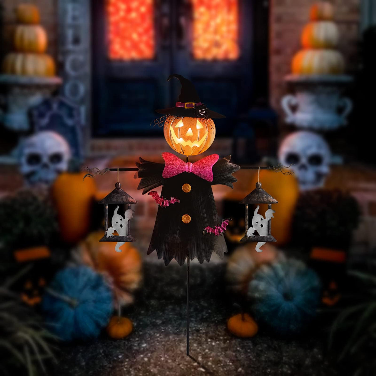 Metal Scarecrow Shape Jack O' Lantern, Solar Halloween Decorations Outdoor