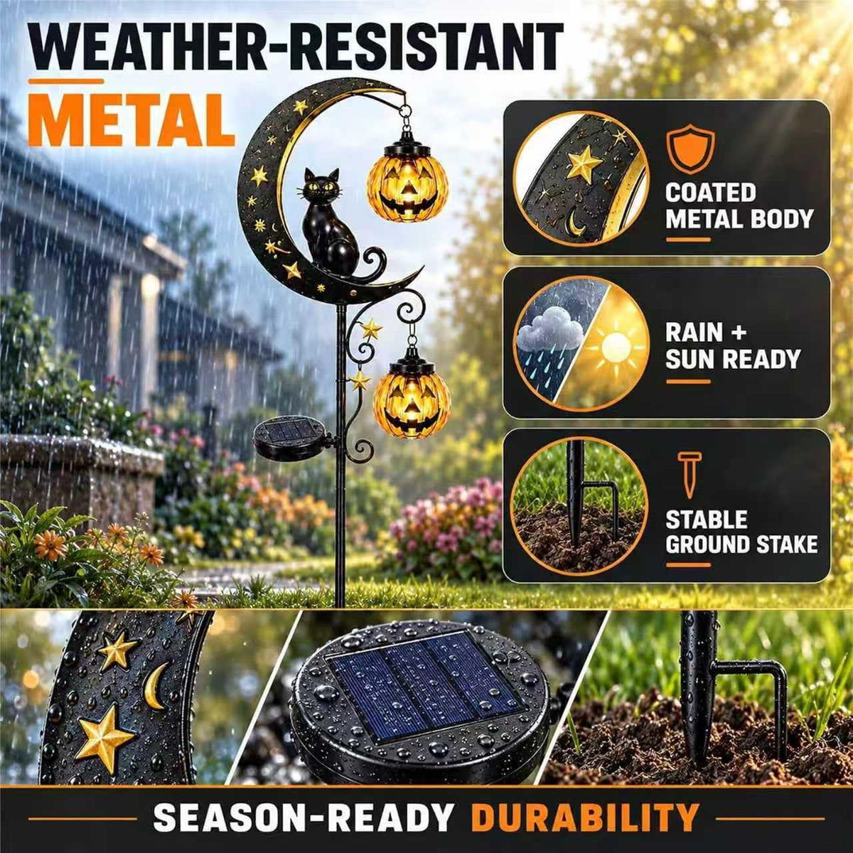 Solar Halloween Pumpkin Light, Black Cat Moon Garden Stake Light with 2 Pumpkin Lanterns, Waterproof Metal Solar Pathway Light，Outdoor Yard Decoration for Lawn Pathway Patio