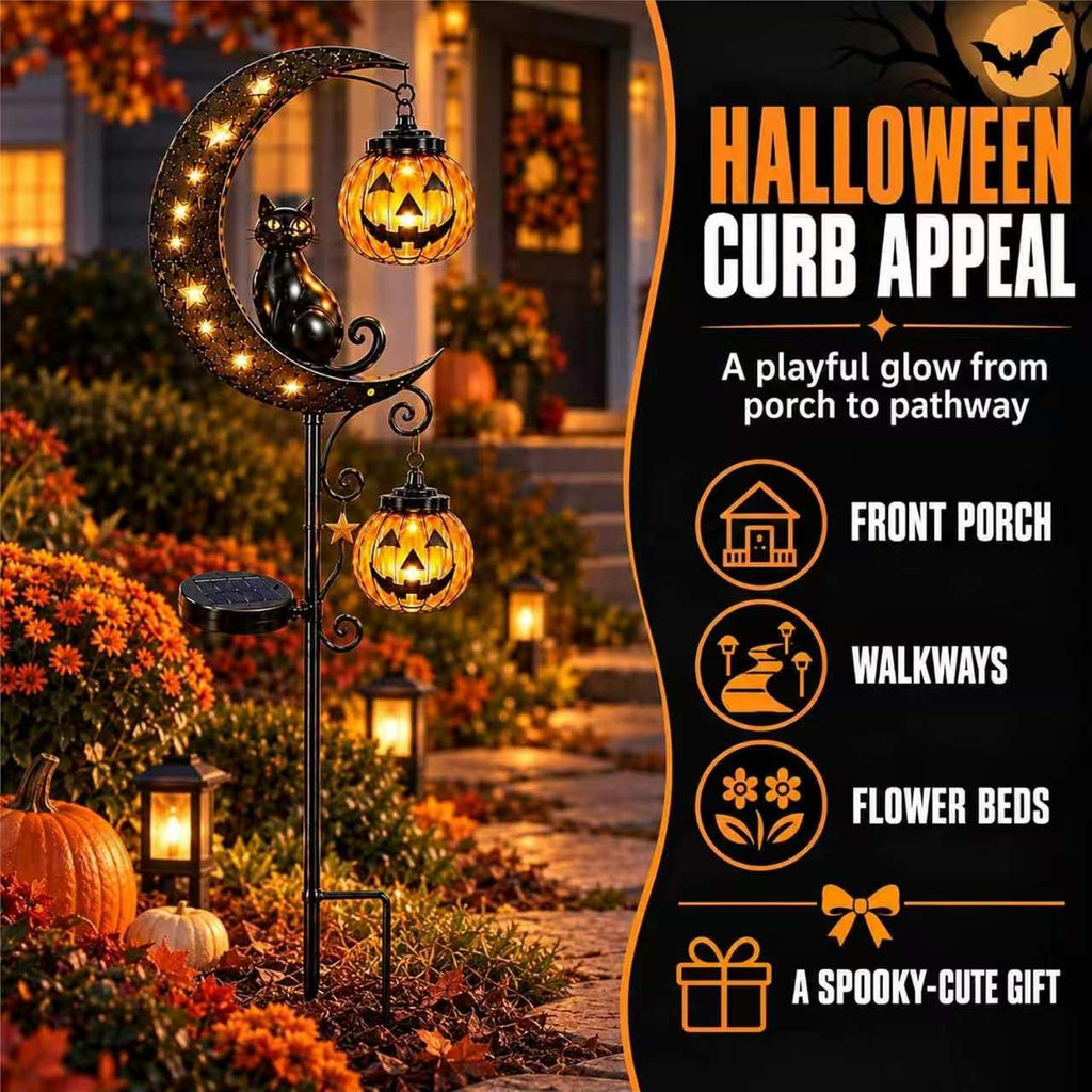 Solar Halloween Pumpkin Light, Black Cat Moon Garden Stake Light with 2 Pumpkin Lanterns, Waterproof Metal Solar Pathway Light，Outdoor Yard Decoration for Lawn Pathway Patio