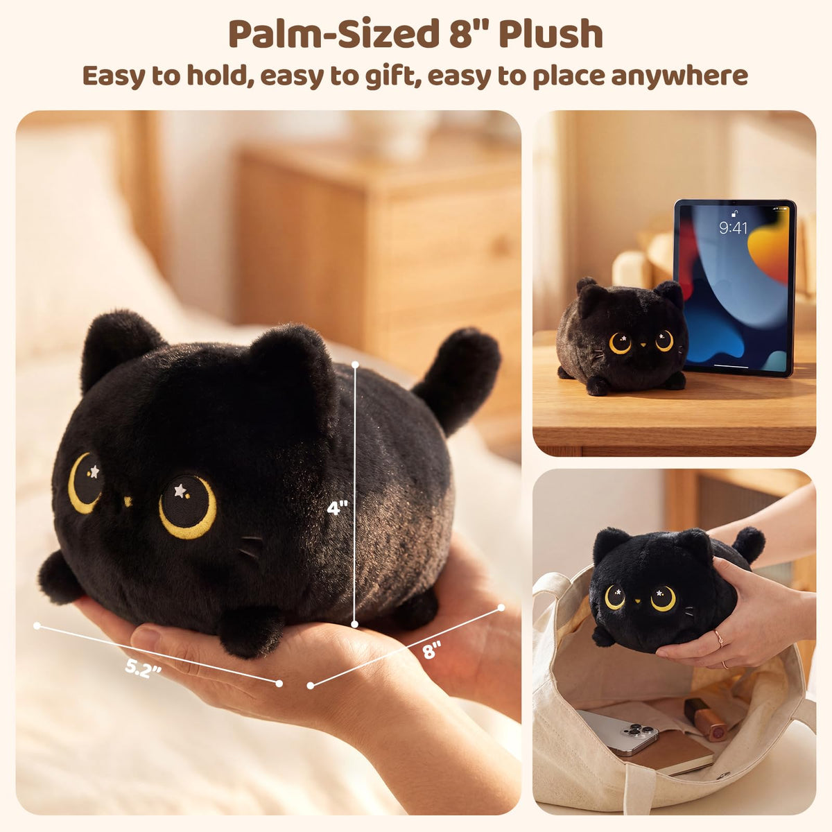 Mewaii Black Cat Plush Kawaii Plushies, Ultra-Soft Feel, 8 in