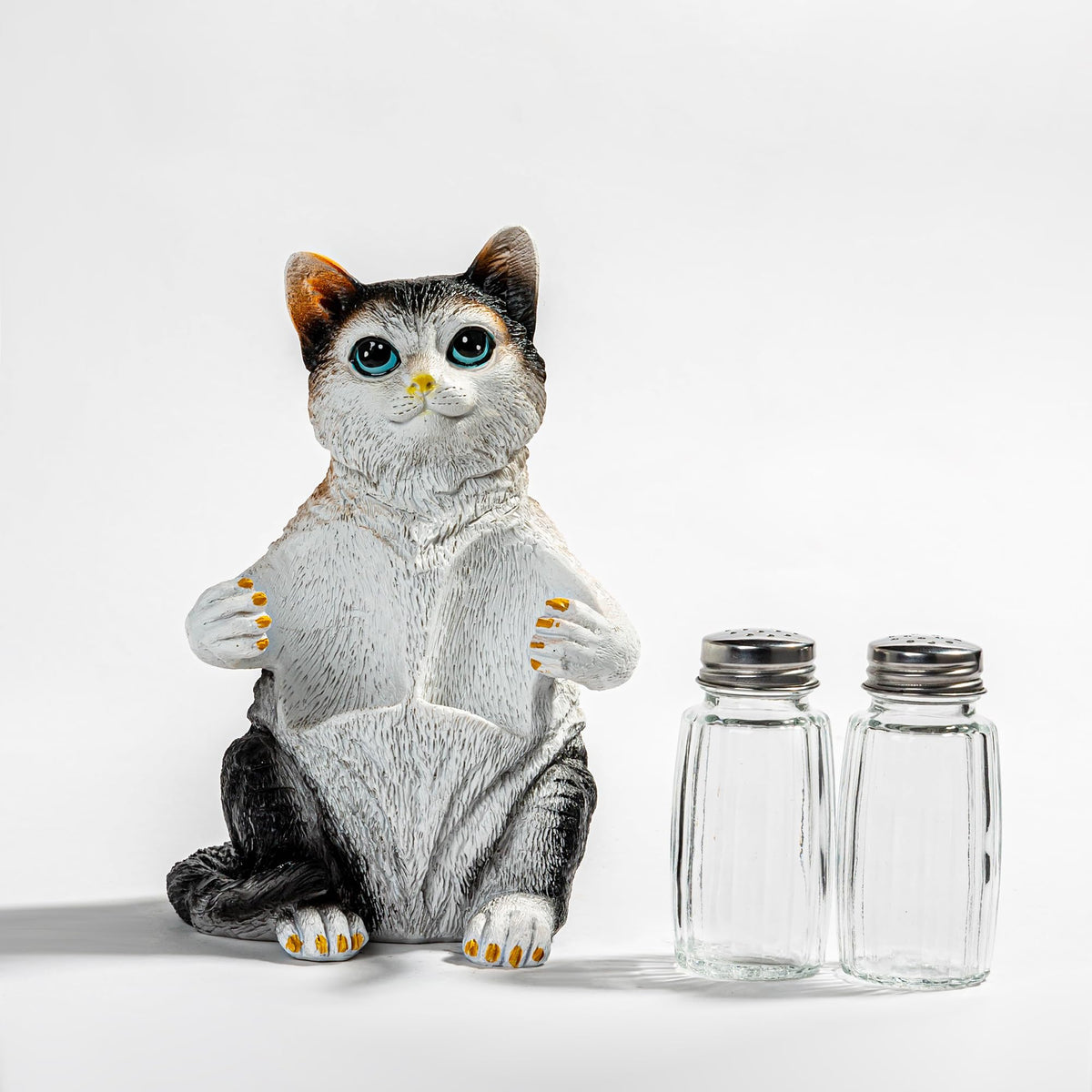 Resin Cat Figurine Salt & Pepper Shakers Set with Holder and Glass Spice Jars - Kitchen Décor Cat Decor for Cat Lovers, Cat Figure, Cat Figurines Gift for Mom & Women