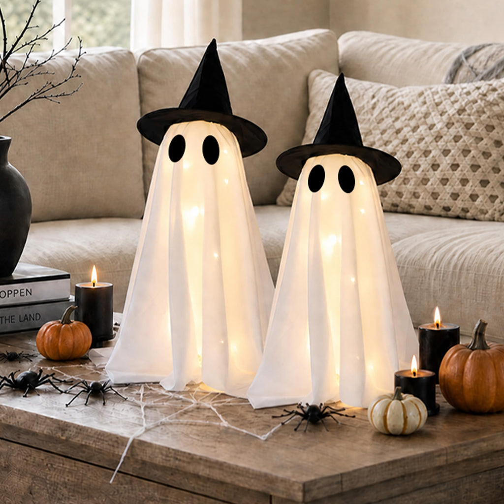 Halloween Decorations-Set of 2 Light-Up Ghosts with Witch Hats