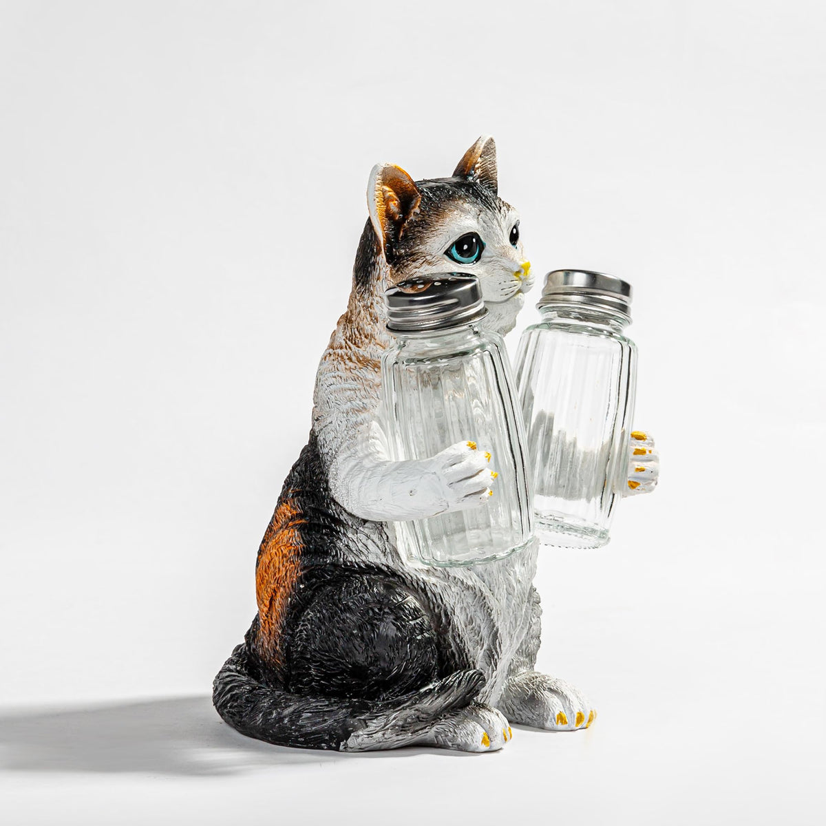 Resin Cat Figurine Salt & Pepper Shakers Set with Holder and Glass Spice Jars - Kitchen Décor Cat Decor for Cat Lovers, Cat Figure, Cat Figurines Gift for Mom & Women