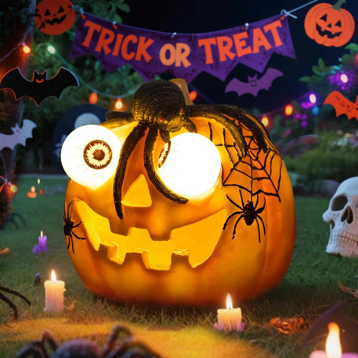 Halloween Pumpkin Solar LED Light 6'' Outdoor Solar Powered Garde Decorative Light IP44 Waterproof for Outdoor Home Decor & Halloween Party Decorations-Spider
