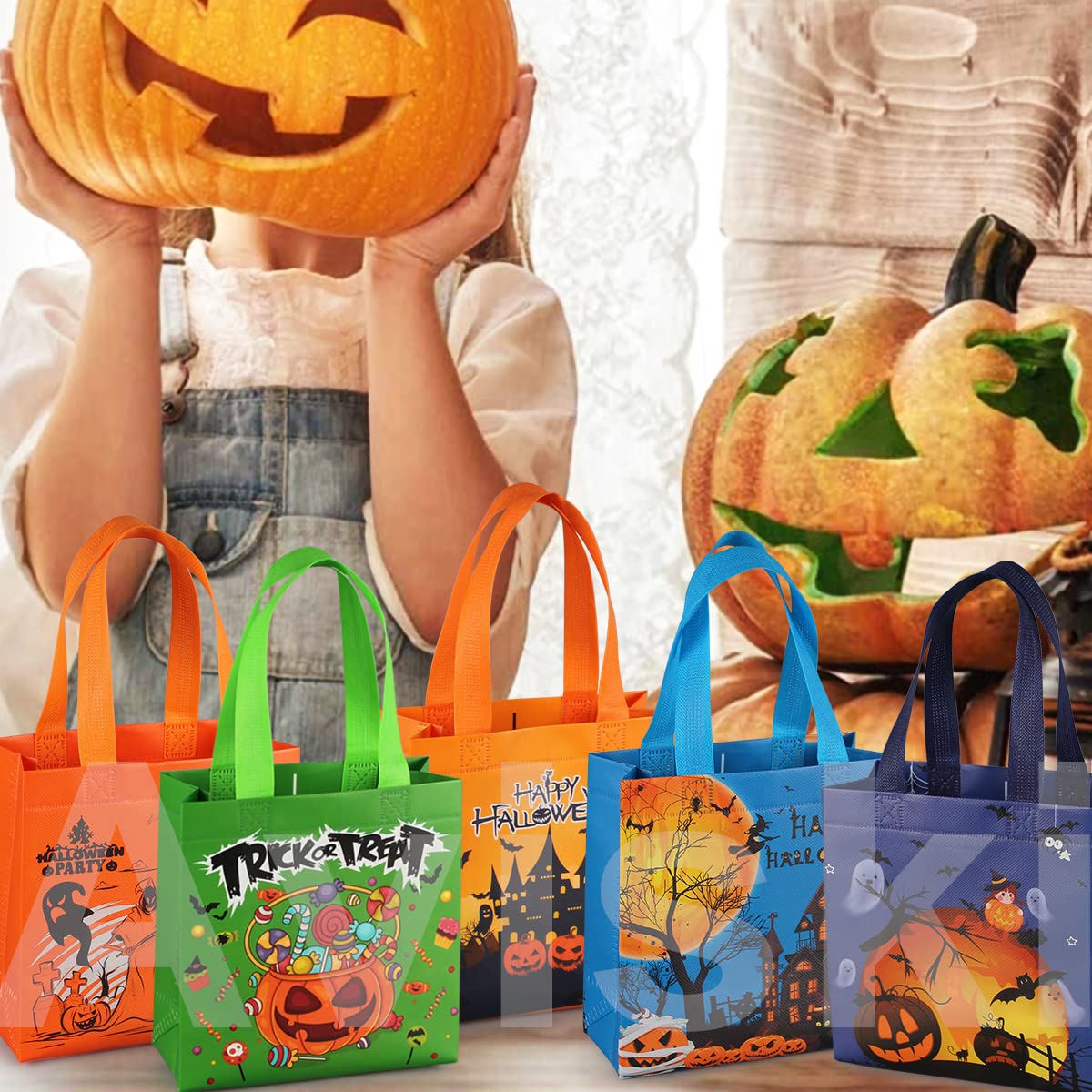 Aviski 8PCS Trick or Treat Bags - Small Multifunctional Non-Woven Halloween Tote Bags with Handles for Gifts Wrapping & Party Supplies
