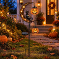 Solar Halloween Pumpkin Light, Black Cat Moon Garden Stake Light with 2 Pumpkin Lanterns, Waterproof Metal Solar Pathway Light，Outdoor Yard Decoration for Lawn Pathway Patio