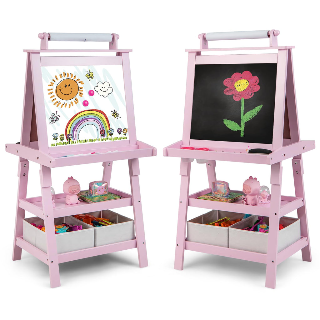 Costzon Kids Art Easel, 3 in 1 Double-Sided Painting Easel w/Magnetic Whiteboard, Chalkboard & Paper Roll, 2-Tier Storage Rack & 2 Boxes, Standing Easel for Kids, Toddlers, Gift for Boys, Girls