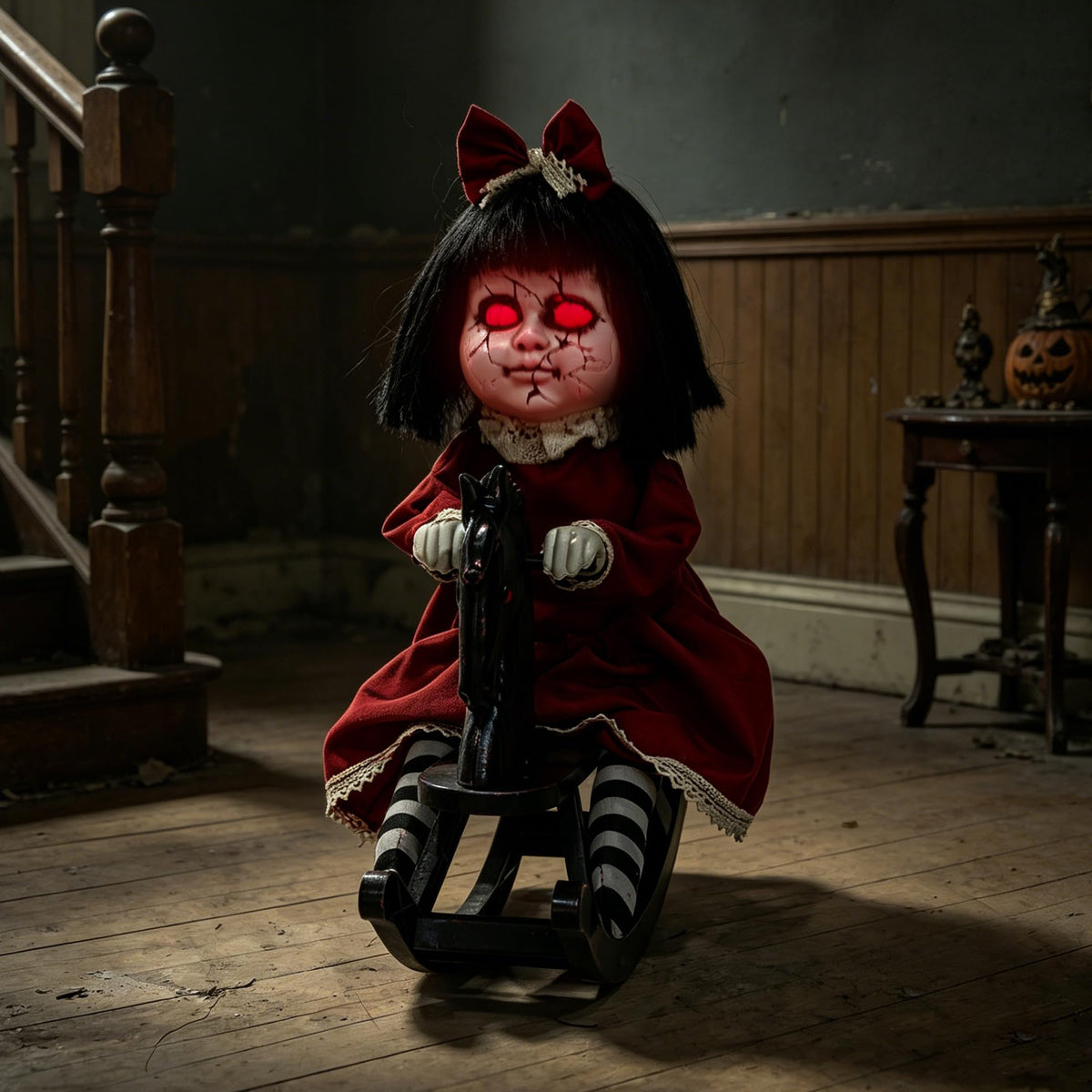 Hourleey Halloween Animatronics Decorations, Sound Activated Girl Doll on Rocking Horse with Lights and Sound, Animated Halloween Decor for Indoor Outdoor Haunted House Party Prop