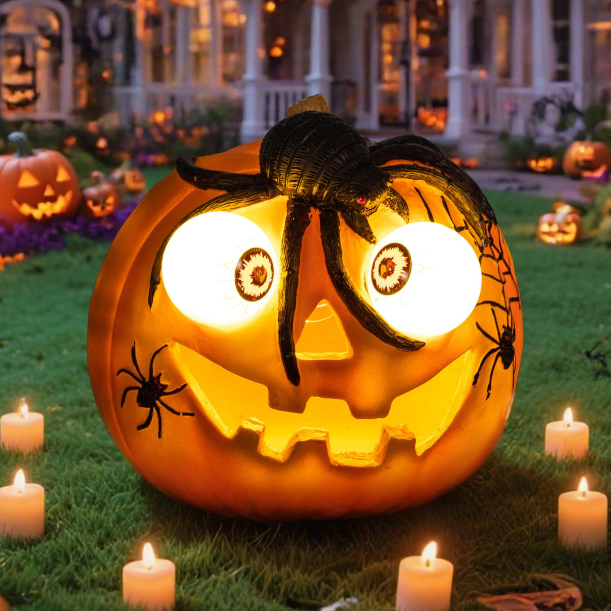 Halloween Pumpkin Solar LED Light 6'' Outdoor Solar Powered Garde Decorative Light IP44 Waterproof for Outdoor Home Decor & Halloween Party Decorations-Spider