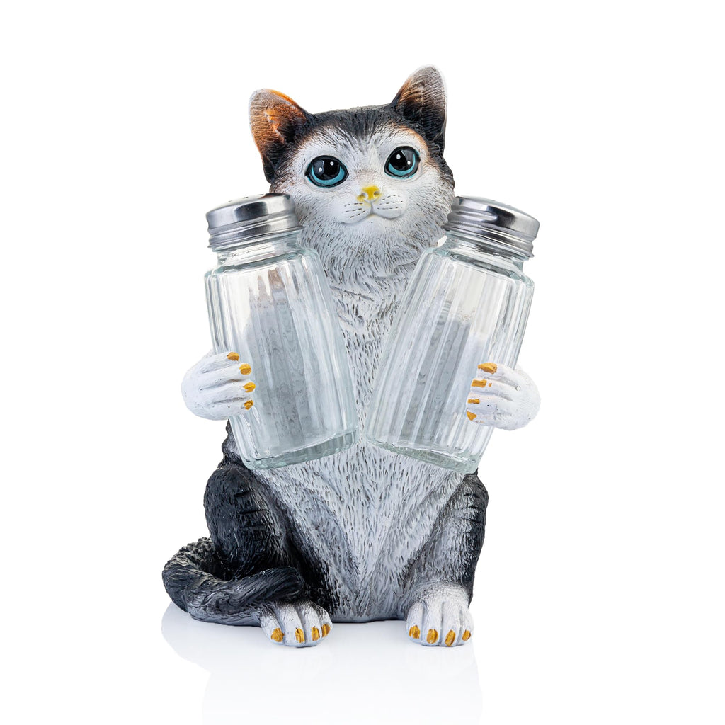 Resin Cat Figurine Salt & Pepper Shakers Set with Holder and Glass Spice Jars - Kitchen Décor Cat Decor for Cat Lovers, Cat Figure, Cat Figurines Gift for Mom & Women