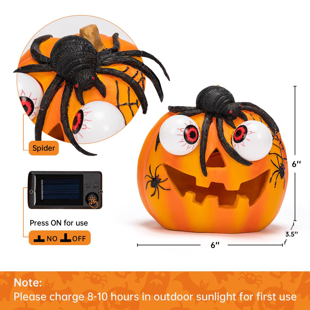 Halloween Pumpkin Solar LED Light 6'' Outdoor Solar Powered Garde Decorative Light IP44 Waterproof for Outdoor Home Decor & Halloween Party Decorations-Spider
