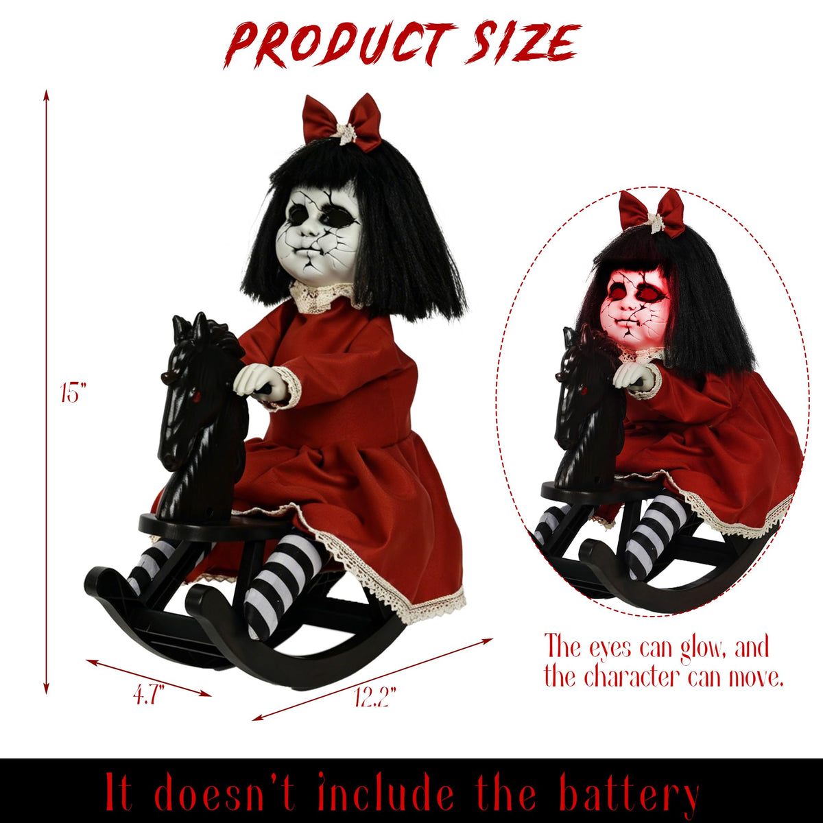 Hourleey Halloween Animatronics Decorations, Sound Activated Girl Doll on Rocking Horse with Lights and Sound, Animated Halloween Decor for Indoor Outdoor Haunted House Party Prop