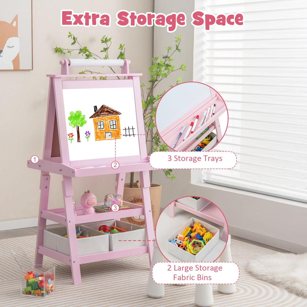 Costzon Kids Art Easel, 3 in 1 Double-Sided Painting Easel w/Magnetic Whiteboard, Chalkboard & Paper Roll, 2-Tier Storage Rack & 2 Boxes, Standing Easel for Kids, Toddlers, Gift for Boys, Girls